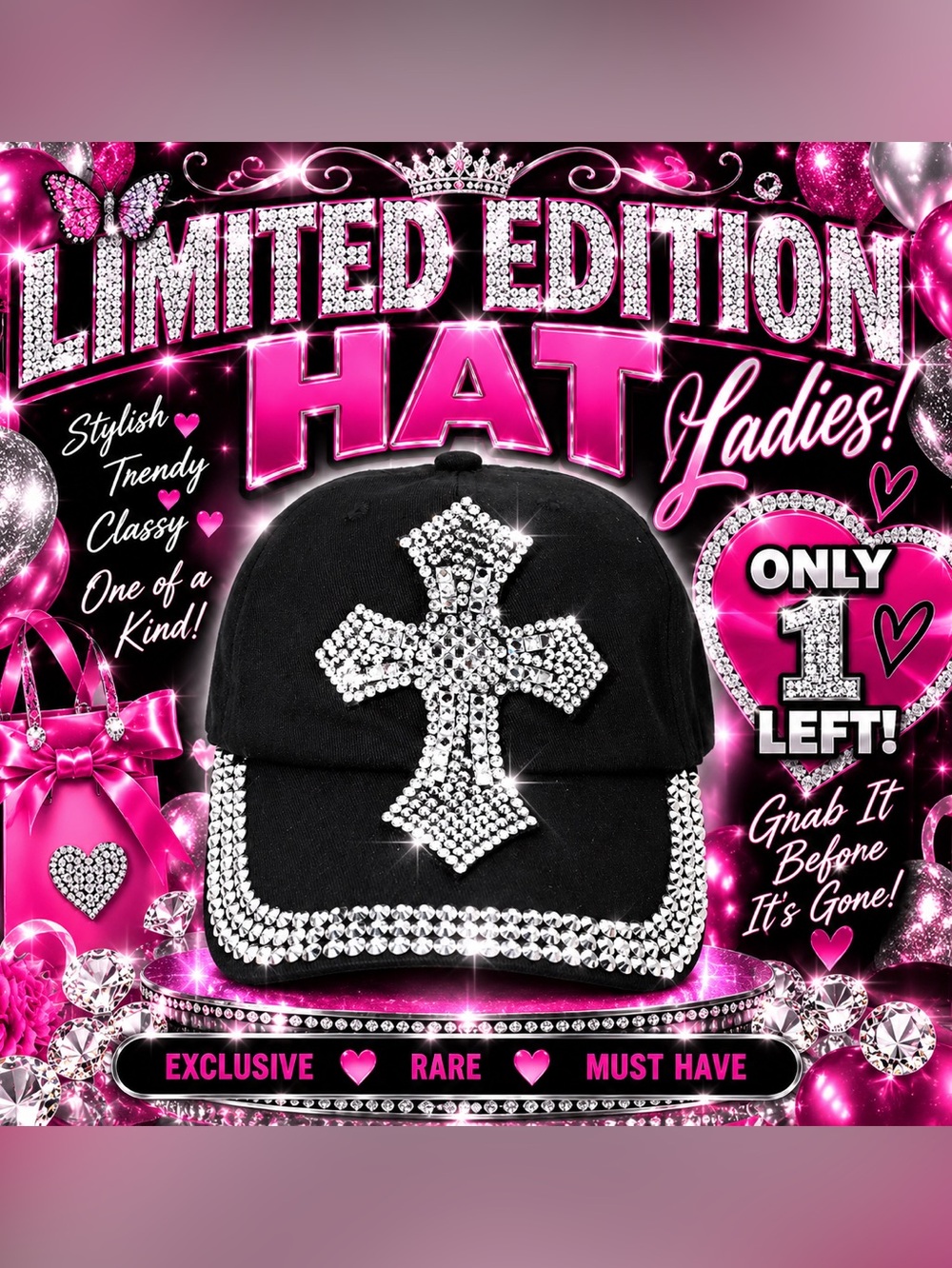 Black Crystal Cross Baseball Cap - Limited Edition
